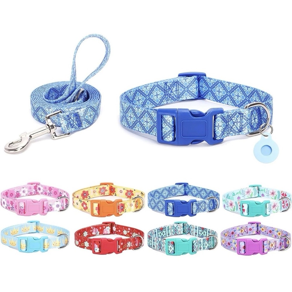 Moonpet Dog Collar with Leash Airtag Holder Case‎ Set (size M) Blue